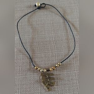 Handmade Black Leather, Gold Pearl & Sign Charm Necklace